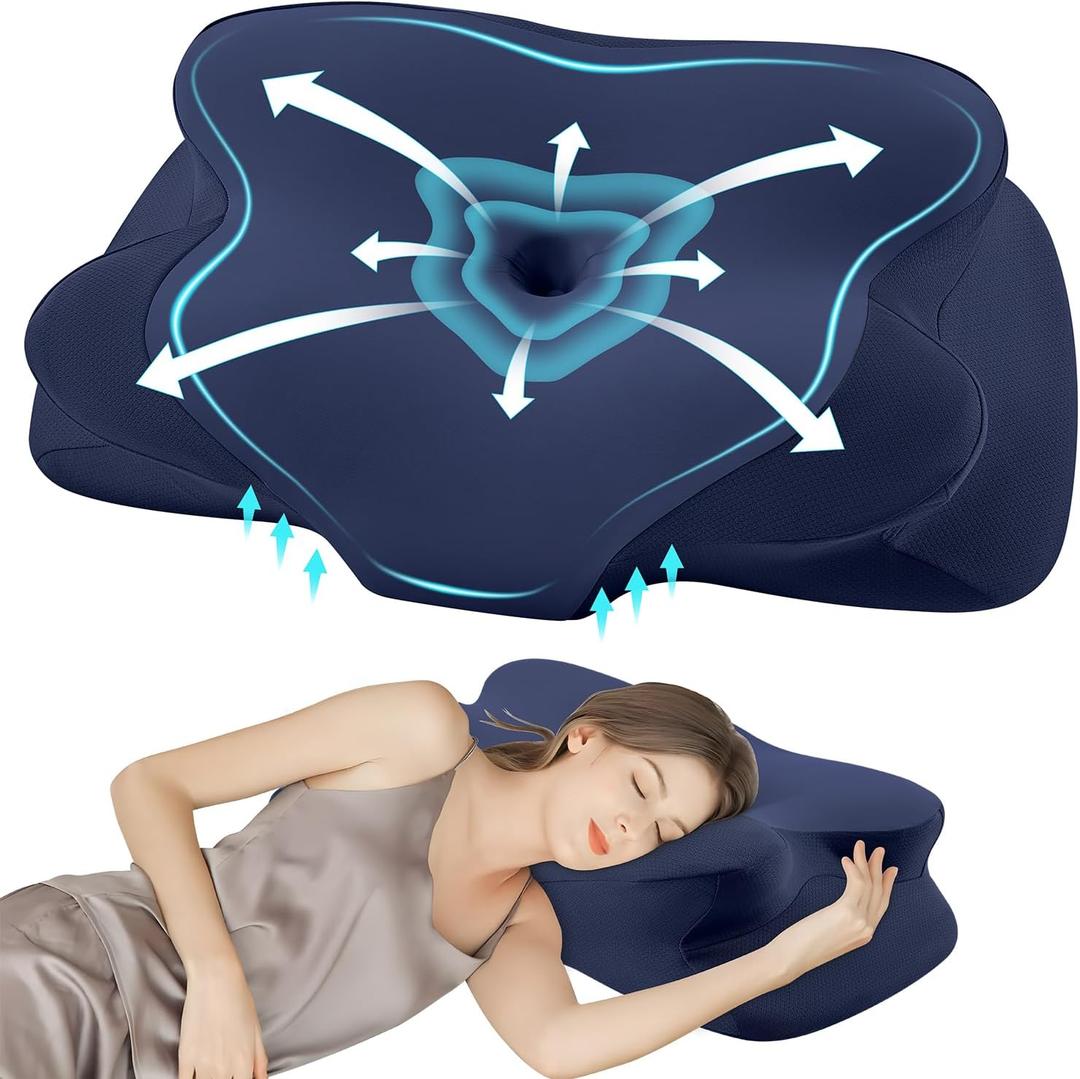 DONAMA Cervical Pillow for Sleeping, Contour Memory Foam Pillow for Neck and Shoulder Support, Ergonomic Neck Pillow for Side Back Stomach Sleepers, Bed Pillows with Cooling Pillowcase (Queen Size (24.4"Lx14.6"Wx4.7"H ), Dark Blue)