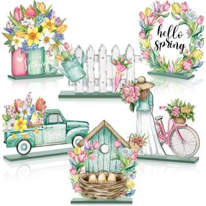 Wenqik 6 Pcs Spring Wooden Table Decorations Wood Tabletop Sign Centerpiece Rustic Spring Decorations for Office Desk Farmhouse Home Kitchen Tiered Tray Decor Shelves Table Decorative