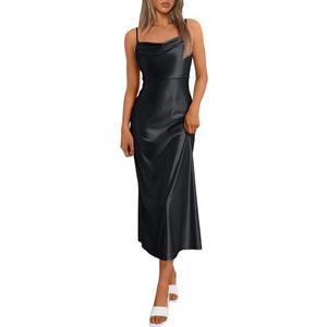 LILLUSORY Women Cocktail Summer Dresses 2025 Satin Silk Spaghetti Strap Backless Elegant Cowl Neck Midi Tie Ruched Sexy Dress Black Medium