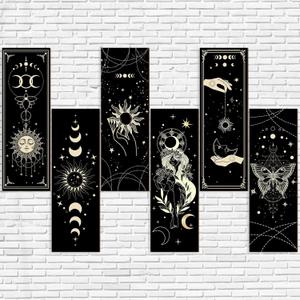 6 Pieces Wall Decor Gothic Boho Wall Art Sun Moon Phases Hanging Rectangular Wooden Minimalist Vintage Sign Plaque Farmhouse Pediments for Home Living Bedroom
