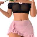 SOLY HUX Sexy Lingerie Set for Women Sheer Mesh Off Shoulder Bra Panty Ruffle Skirts 3 Piece Sets (Small, Black and Pink)