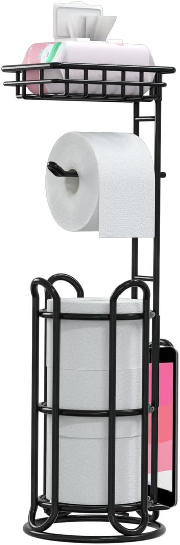 [Upgrade] Toilet Paper Holder Stand with Shelf Tissue Holders for Bathroom Free Standing Bath Tissue Roll Holder Magazine Rack for Mega Rolls/Phone/Wipe-Black