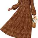 ZESICA Women's 2026 Spring Floral Midi Dress Long Sleeve Smocked Flowy Long Wedding Guest Vacation Dresses (Medium, Brown)