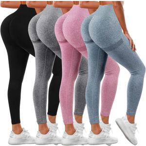 4 Pack Women Butt Lifting Workout Leggings, High Waist Seamless Gym Legging Yoga Scrunch Pants (Large, Dark Gray, Pink, Blue, Black)
