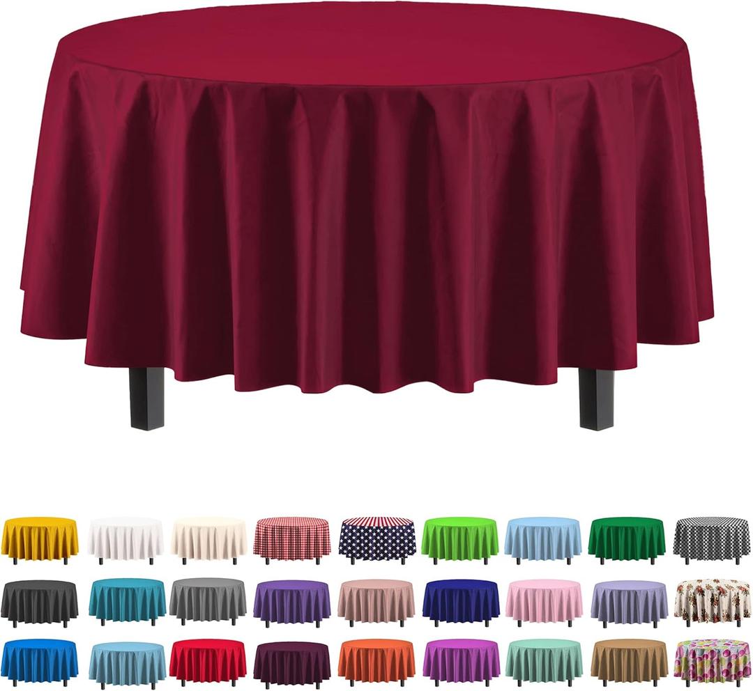 Exquisite Party Solids 6-Pack Premium Plastic Tablecloth 84in. Round Plastic Table Cover - Burgundy