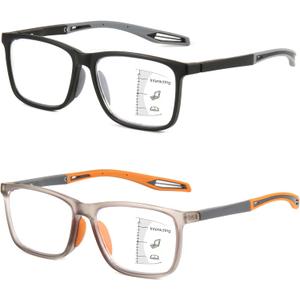 Missfive 2 Pack Upgraded Bend-Proof Multifocus Progressive Reading Glasses Men, TR90 Sporty Frame & Metal Spring Hinge, No-Line Multifocal Anti Blue/UV Near-Mid Range Readers, 3.5