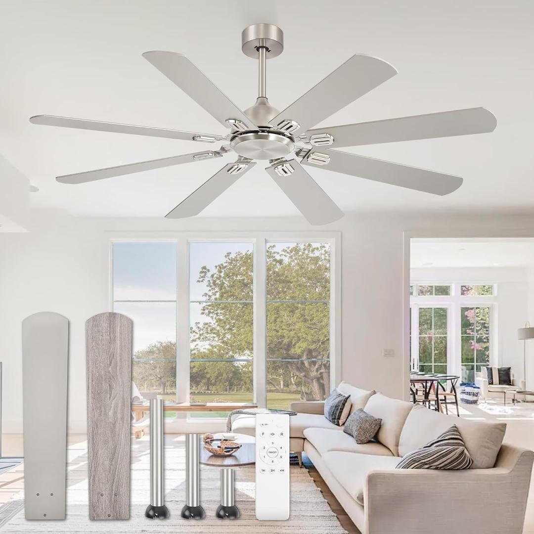 62 Inch Ceiling Fans No Light with Remote, Modern Ceiling Fan Without Light, Dual Finish 8 Blades, Reversible Quiet DC Motor, 6 Speed, Large Ceiling Fan for Indoor or Covered Outdoor, Nickel