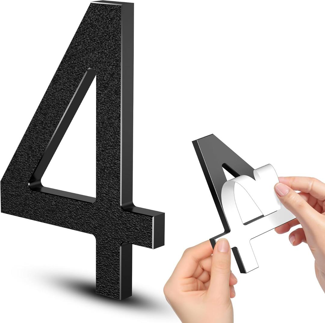 6 Inch Self-adhesive House Numbers, Modern Floating Address Numbers, Adhesive house numbers outside - Easy to Install, Weatherproof No Rust Black Door Number for House Office Hotel Apartments (4)