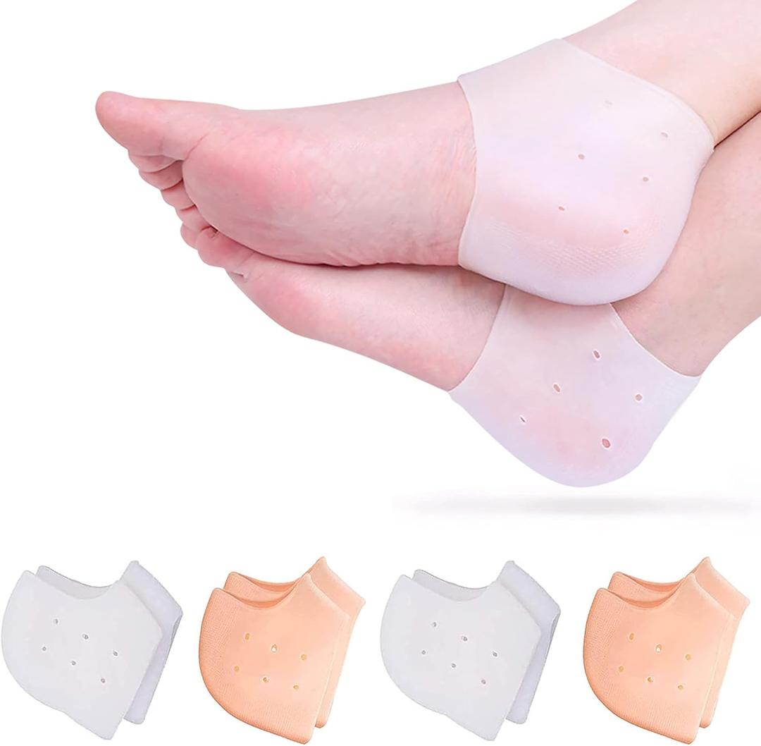 Heel Protectors Silicone, 4 Pairs Gel Heel Pads Cushion for Blister Prevention Achilles Tendinitis, Heal Dry Cracked Heels Plantar Fasciitis Inserts, Breathable Heel Cups for Heel Pain, Men and Women (2pairs White & 2pairs Natural)