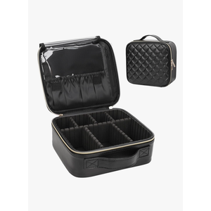Relavel Makeup Bag, Travel Cosmetic Train Case Organizer Portable Artist Storage Bag with Adjustable Dividers for Cosmetics Makeup Brushes Toiletry Jewelry Digital Accessories Quilted Leather Black