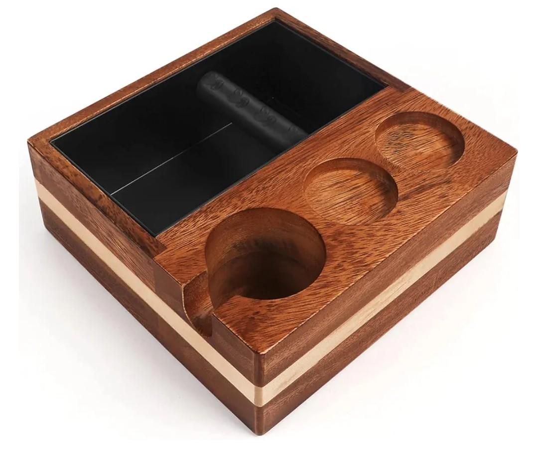 Kmise Natural Walnut Espresso Accessories Organizer Box Fits Espresso Distributor,Tamping Station Base,Tamper Holder-1.5L Coffee Grounds Box (51/54MM)