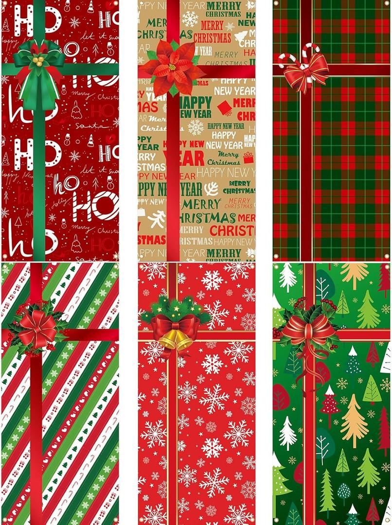 Preboun 6 Pcs Christmas Door Cover Decoration Hanging House Window Cover Gift Box Bow Christmas Outdoor Sign for Home Wall Indoor Party Decorations 78 x 35 inches
