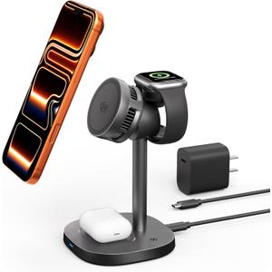 3-in-1 Wireless Charging Station, Qi2.2 25W Fast Charge with Cooling Fan (On/Off), for iPhone 1712/Apple Watch/AirPods, Includes 45W Adapter  Great for Desk & Live Streaming