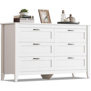 WLIVE 6 Drawer Dresser, Retro Chest of Drawers with Metal Handle, Double Wood Dresser for Bedroom, Living Room, Large Storage Cabinet, White