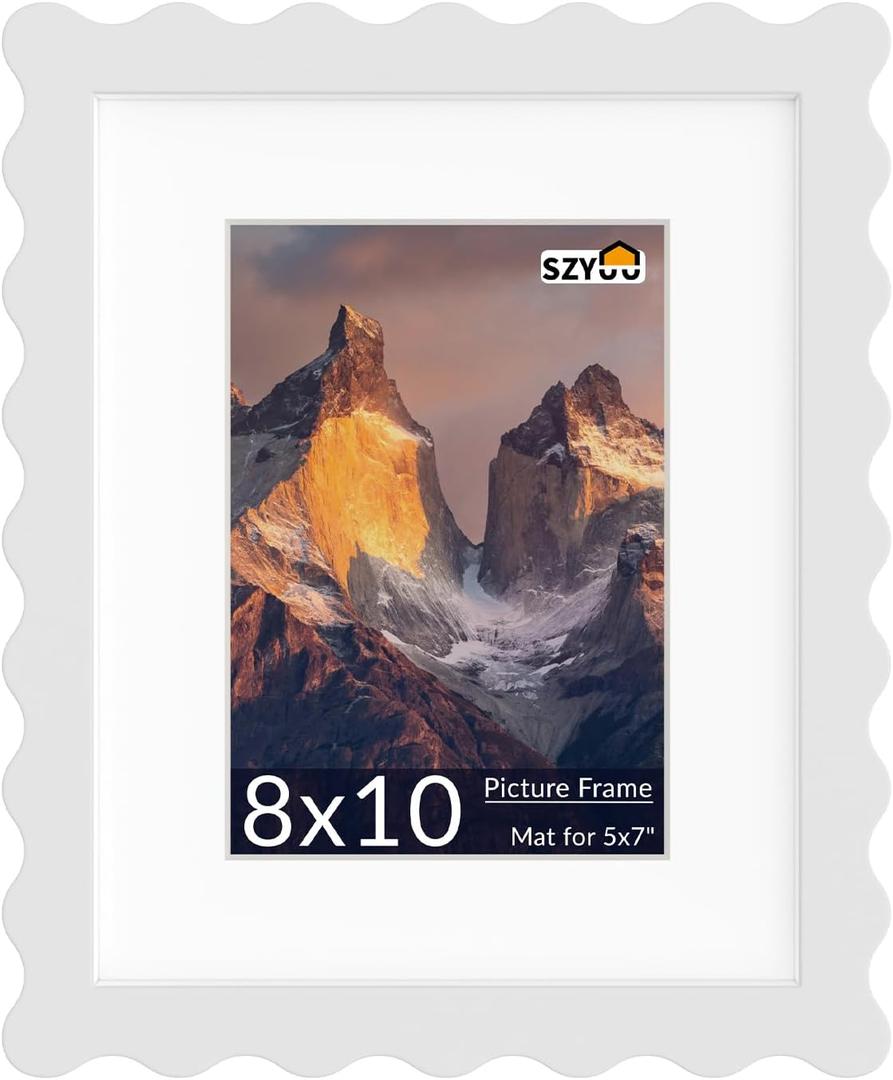 8x10 Wavy Picture Frame with Mat for 5x7, Real Glass and Wooden Frame - Tabletop or Wall Hanging Photo Frame(1 Pack, White)