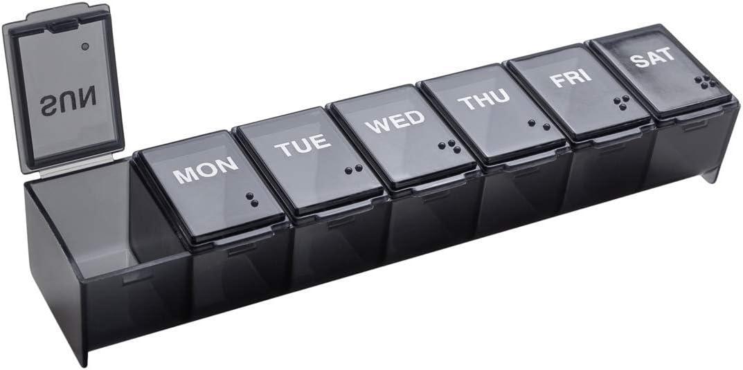 EZY DOSE Weekly (7-Day) Pill Case, Medicine Planner, Vitamin Organizer Box, Convenient and Easy to Use, Large Compartments, Travel Friendly, Black, Made in the USA, BPA Free (Negro -)