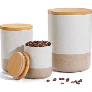 Yangbaga Canister Sets for Kitchen Counter, 80/40/20 OZ Large Ceramic Food Storage Jars with Airtight Wood Lids, Large Kitchen Canisters for Coffee, Sugar, Tea, Flour, Spice