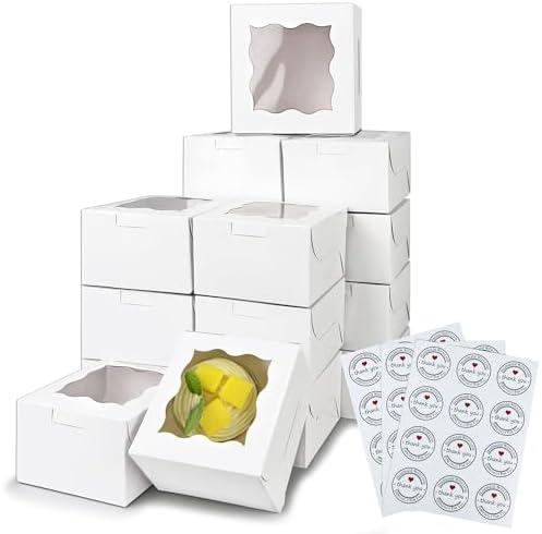 MUMULULU 28 PCS 4x4x2.5 Inches White Bakery Boxes with Window White Paperboard Treat Boxes Cookie Cake Pastry Dessert Boxes for Baked Goods Strawberries (28)