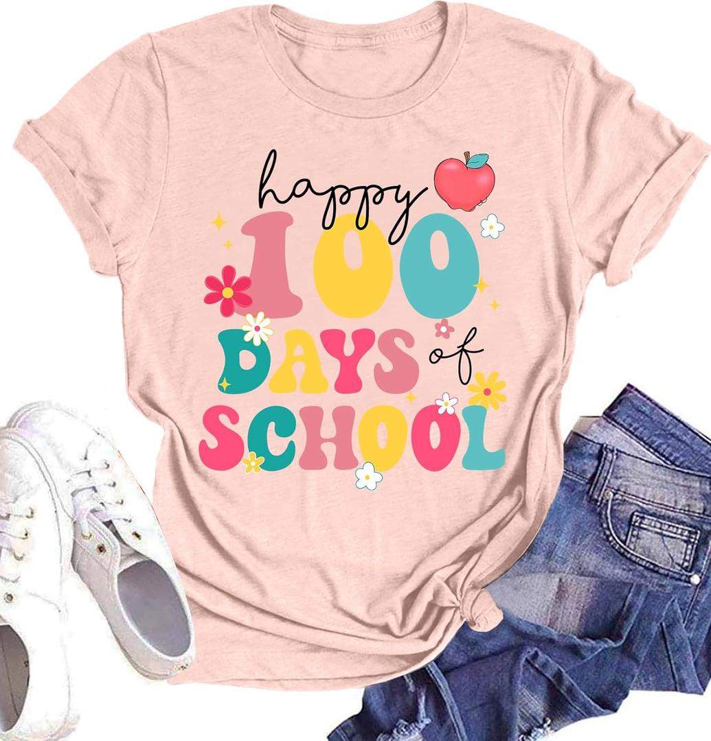 Womens Happy 100 Days of Shcool Shirts Funny Teacher Graphic Shirt Teach Life Gifts Tees Tops (Medium, Pink)