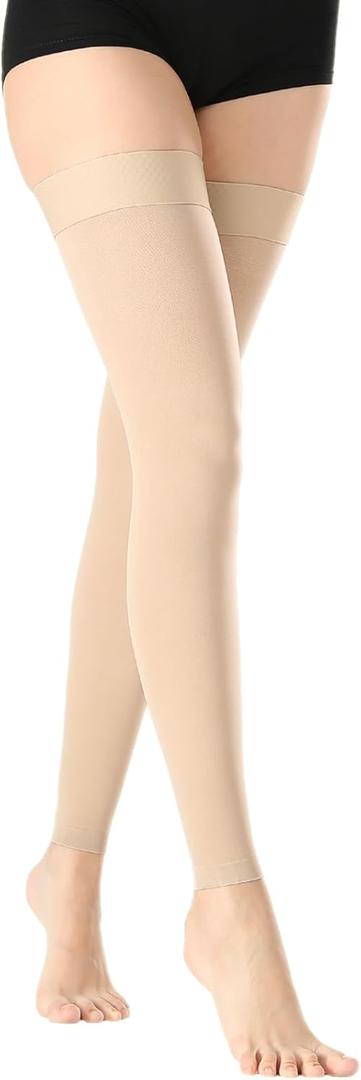Footless Thigh High 20-30 mmHg Compression Stockings For Women & Men circulation with Silicone Dot Band,Firm Support Graduated Compression Hose Socks For Medical,Athletic,Travel Use (XX-Large, Footless Beige)