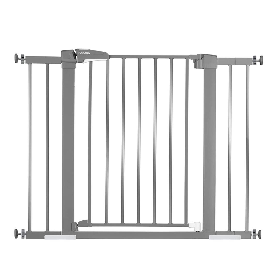 BABELIO 26-40 Inch Easy Install Pressure Mounted Metal Baby Gate/Pet Gate, No Drilling, No Tools Required, with Wall Protectors and Extenders (Gray)