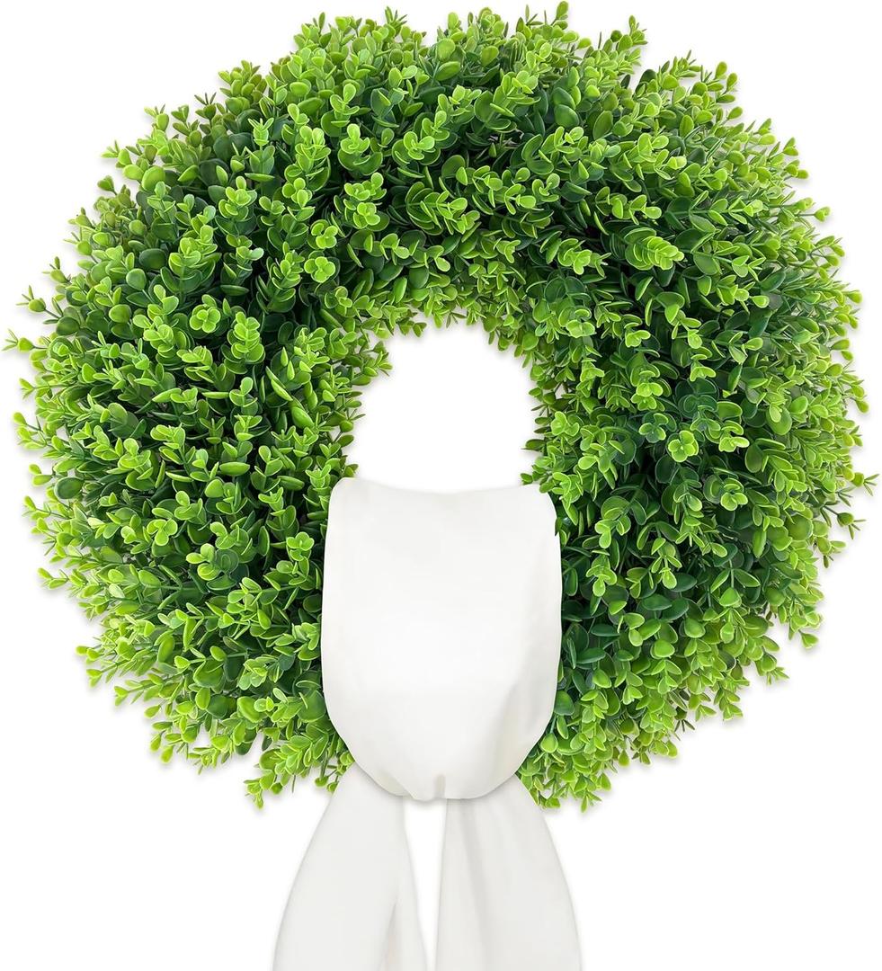 22 Inch Artificial Boxwood Wreath for Front Door - Folding Spring Summer Greenery Wreath with Sash, All Year Round Indoor Outdoor Decor for Farmhouse, Wedding, St Patrick's Day (Green)
