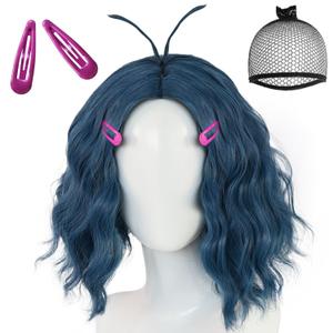 JoneTing Envied Wig+Hair Cap+ 2 Purple Pink Hairpins Short Wavy Deep Blue Green Wigs Dark Bluish Green Wig Envied Cosplay Wigs Blue Cosplay Costume Hair for Halloween Party Costume Outfit