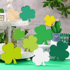9 Pcs St Patrick's Day Wooden Table Decor Centerpiece Block Shamrock Clover Shape Irish Patty's Tiered Tray Tabletop Sign Decor for Office Mantel Dining Room Home Wood Saint Patrick Party Supplies
