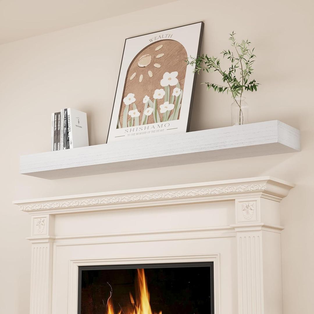 SAUMONIERES Fireplace Mantel Shelves 48 Inch Solid Wood Wall Mounted Long Floating Shelf Hollow, White