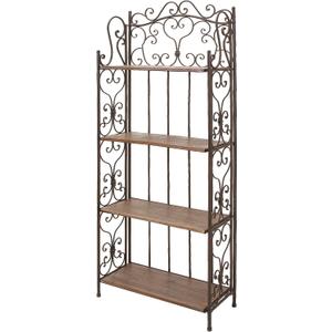 Deco 79 Metal Scroll Bakers Rack Tall Folding with 4 Wooden Shelves, 27" x 12" x 68", Brown