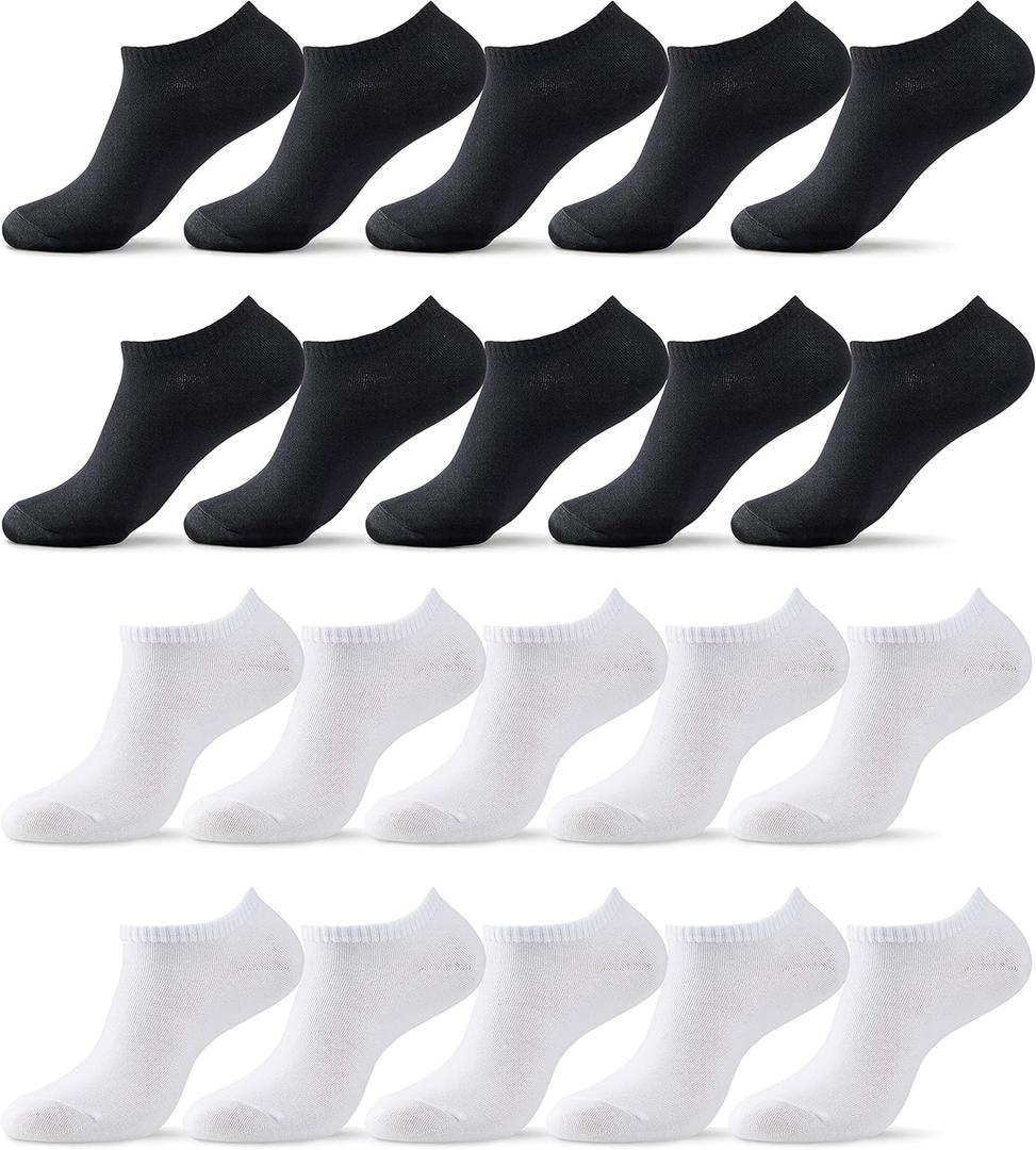 MONFOOT Men's/Women's 10-20 Pairs Thin Cotton Low Cut Ankle Socks, Multipack (01 Black(10), White(10))