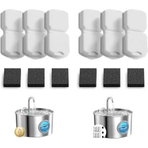 GIOTOHUN Cat Water Fountain Filter Replacement: 12 Cat Fountain Filter - 12 Pet Fountain Filter - 6 Carbon Filters & 6 Foam Filters - Suitable for GIOTOHUN Stainless Steel Cat Fountain S11