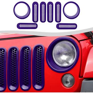 Mesh Grille Grill Insert+Headlight Turn Light Cover Trim Fit for 2007-2018 Jeep Wrangler JK JKU(Purple)