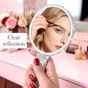 Framendino, 1 Pack Rhinestone Handheld Mirror Round Bling Glitter Cosmetic Dazzling Portable Hand Mirrors with Handle for Women White