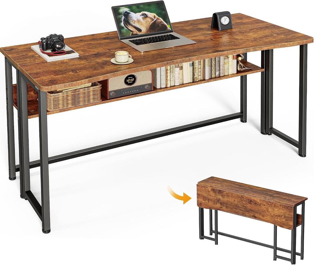 Huuger Folding Desk with Storage Shelf, 47.2 Inch Foldable Computer Table, 18.5"D x 47.2"W