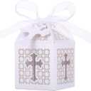 LEMESO 50 Pack Baptism Laser Cut Favor Boxes 2x2x3 Inch White Small Gift Boxes with Dotted Fold Lines Silk Ribbons and Cross Tags for Christening First Communion Wedding Baby Shower Bautizo