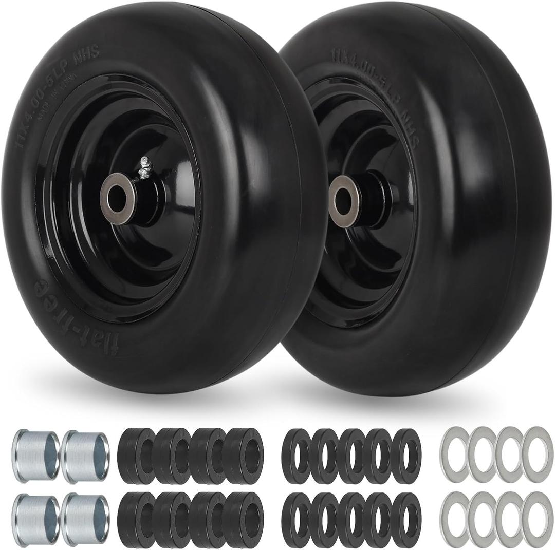 11x4.00-5 Flat Free Lawn Mower Tire and Wheel with 3/4" or 5/8" Bushings, 3.4"-4"-4.5"-5" Centered Hub, Smooth Tread Tire for Zero Turn Mowers, 2 Pack (11x4.00-5 Flat Free (Smooth Tread))
