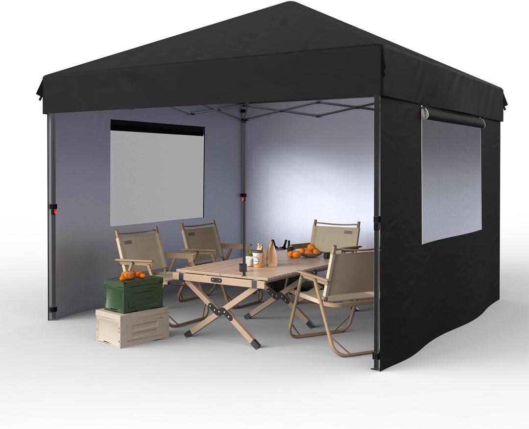 10x10 Pop Up Canopy with 3 Sidewalls - Easy Up Camping Tent with One Button Push Setup - 1 Roller Bag, 3 Adjustable Height, 4 Weight Bags for Deck, Garden, Sports, Beach, Party - Black