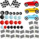 Race Cake Toppers with Acrylic Red Yellow Blue Car Black Red Blue Balls Flags Set for Birthday Party