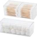 2 Pack Qtip Holder Dispenser with Lid , Plastic Bathroom Vanity Canister for Counter, Drawer and Cabinet Use, Cotton Balls, Makeup Pads, Floss Picks, Clear Desk Container