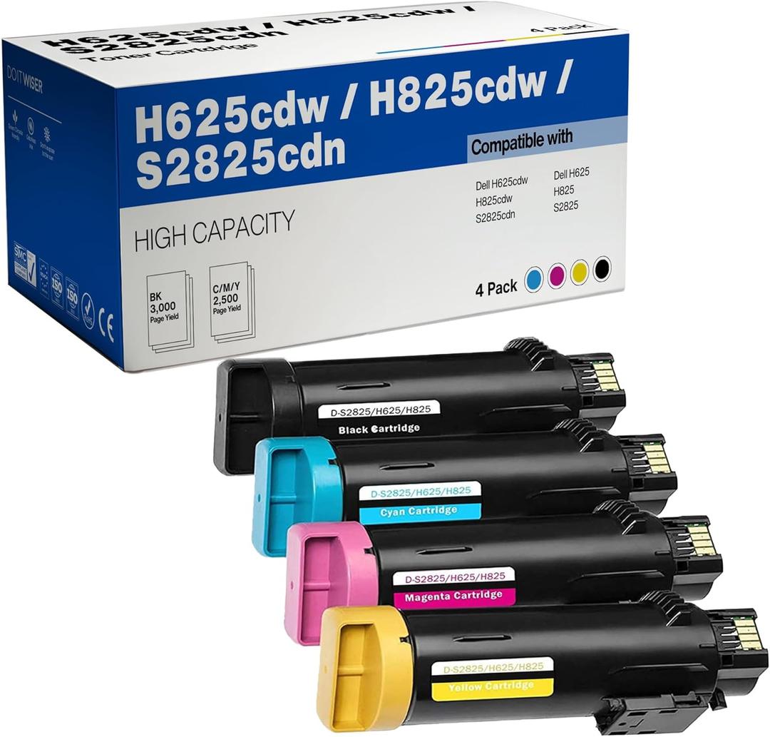 Do it Wiser Compatible Printer Toner Cartridge Replacement for Dell H625cdw H825cdw S2825cdn - High Yield Laser Cartridges 593-BBOW 593-BBOX 593-BBOY 593-BBOZ (1 Black 1 Cyan 1 Magenta 1 Yellow) (CMYK)
