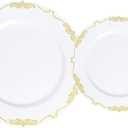 U-QE 100PCS Gold Plates Disposable - Heavy Duty White and Gold Plates Including 50PCS 10'' Dinner & 50PCS 7.5'' Dessert Plates Perfect for Upscale Party, Wedding