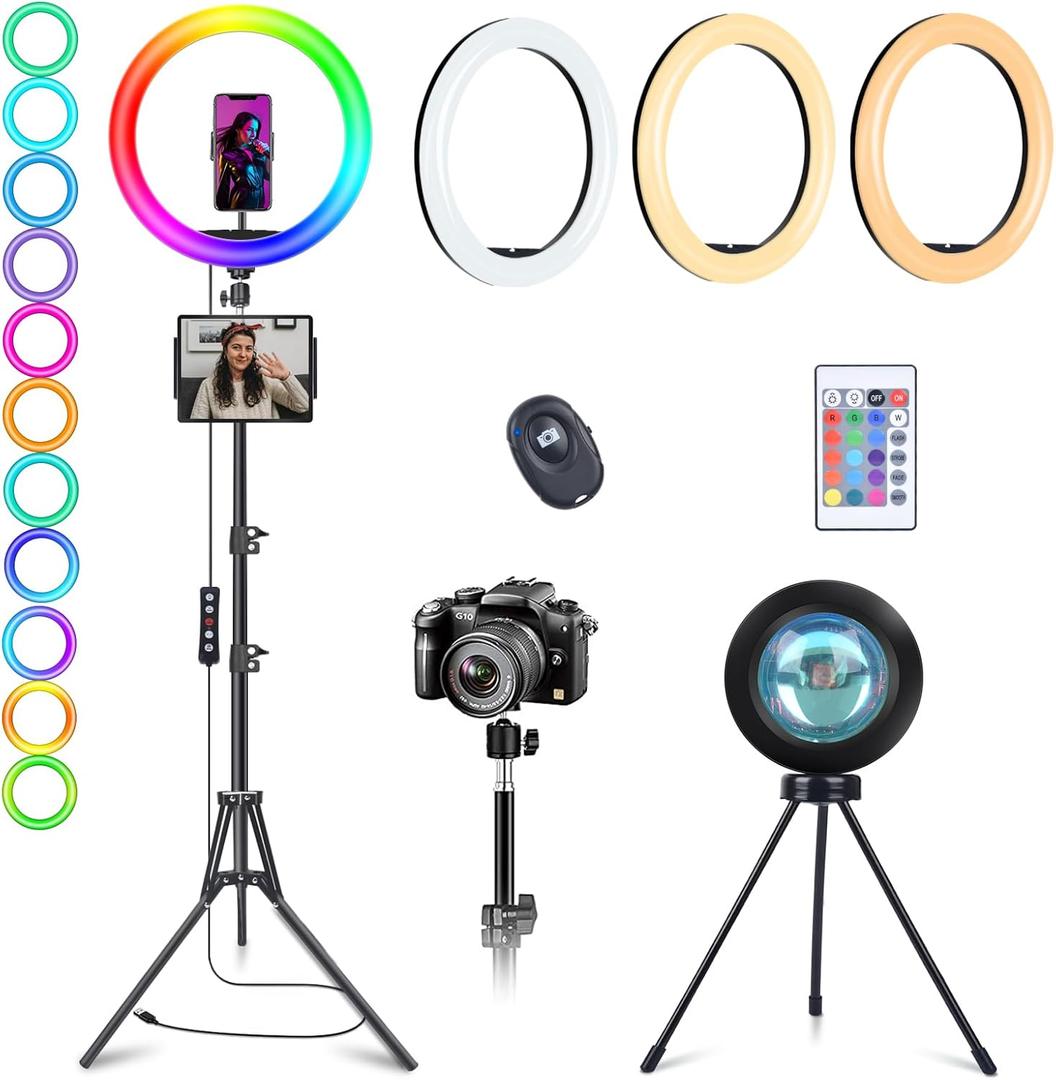 13" Selfie Ring Light with Stand 76" Tall & Phone Holders,Sunset Lamp, Tablet Holder,Desk Tripod& 51 Color Modes, Ring Light Tripod for iPhone,Video Recording,Live Streaming(TikTok/YouTube/Instagram)