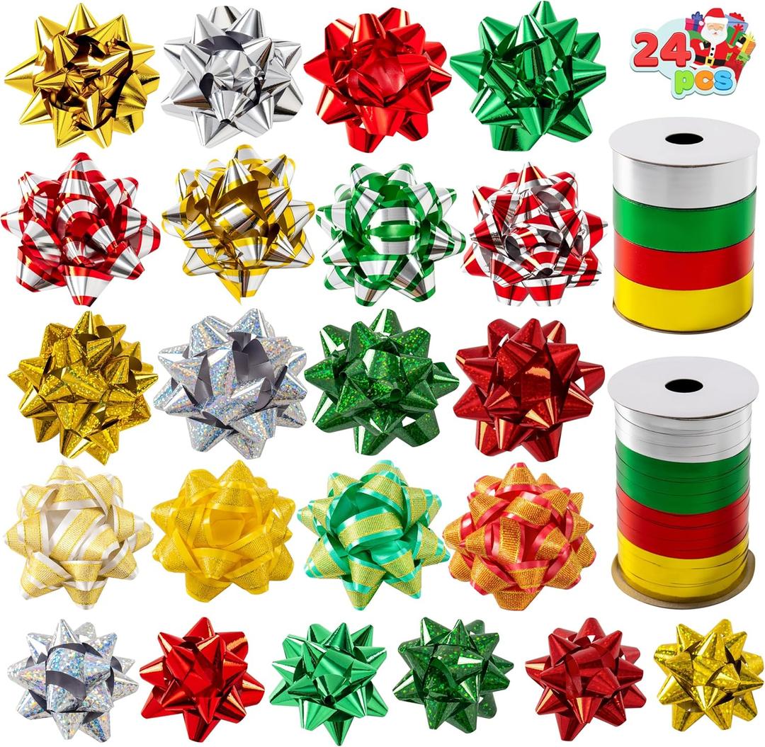 JOYIN 24 PCS Christmas Bows and Gift Ribbons with 22 Multi-Colored Assorted Size Gift Bows and 2 Rolls of Curling Ribbons for Present Christmas Wrapping Decoration