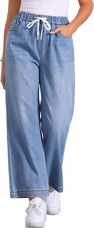 Allegra K Casual Denim Pants for Women's Baggy Drawstring 2025 Trendy Elastic Waist Wide Legs Jeans, Size M