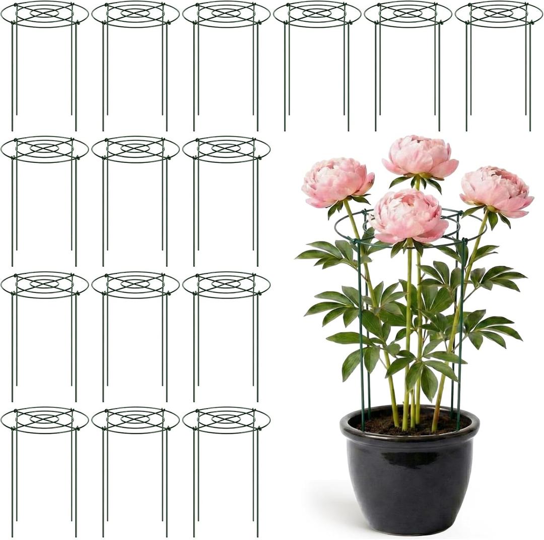 Geelin 15 Pack Peony Cages and Supports 12'' Dx 24'' H Grow Through Metal Plant Supports Frame Rings Hoops for Outdoor Plants Peony Flowers Tomato Rose(Green)