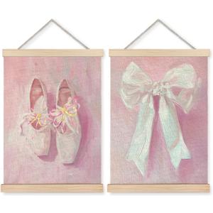 UNCDLV Coquette Pink Bow Ballerina Shoes Poster Hanger Frame, Pastel Preppy Girly Canvas Wall Art, Aesthetic Pink Ballet Wall Decor for Nursery Girls Room Dorm Apartment, 12x16 Inch Set of 2