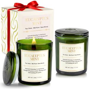 2 Pack Candles for Home Scented,Wood Wick Eucalyptus Mint Scented Candle,22.6 oz 150 Hour Long Burning Lasting, Natural Soy Wax Candles Gifts Set