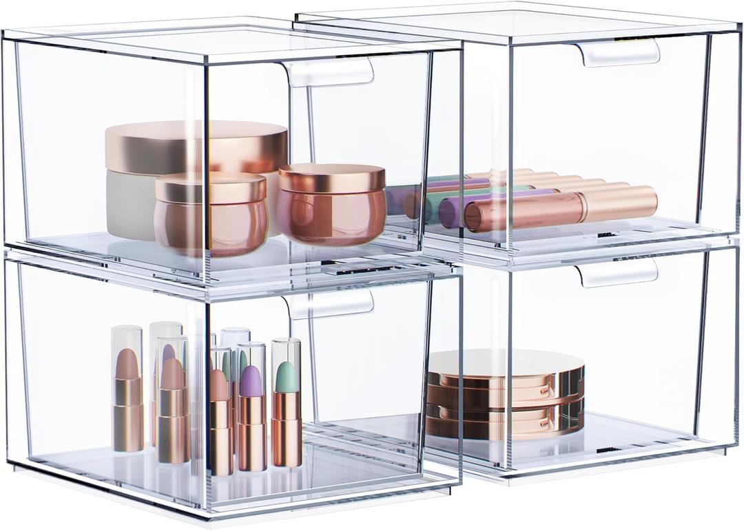 Sorbus Clear Stackable Storage Drawers - 4 Pack Acrylic Drawer Organizer for Vanity, Bathroom Makeup Organizer, Kitchen Cabinets, Undersink - Plastic Storage Bins for Home Organization and Storage