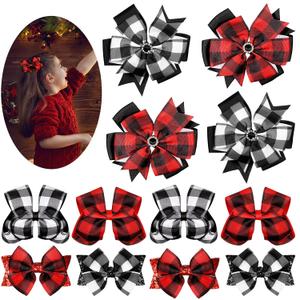 12 Pieces Christmas Hair Bows With Alligator Clips - Large Red and Black Checkered Buffalo Plaid Bow Hair Accessories for Christmas Decoration